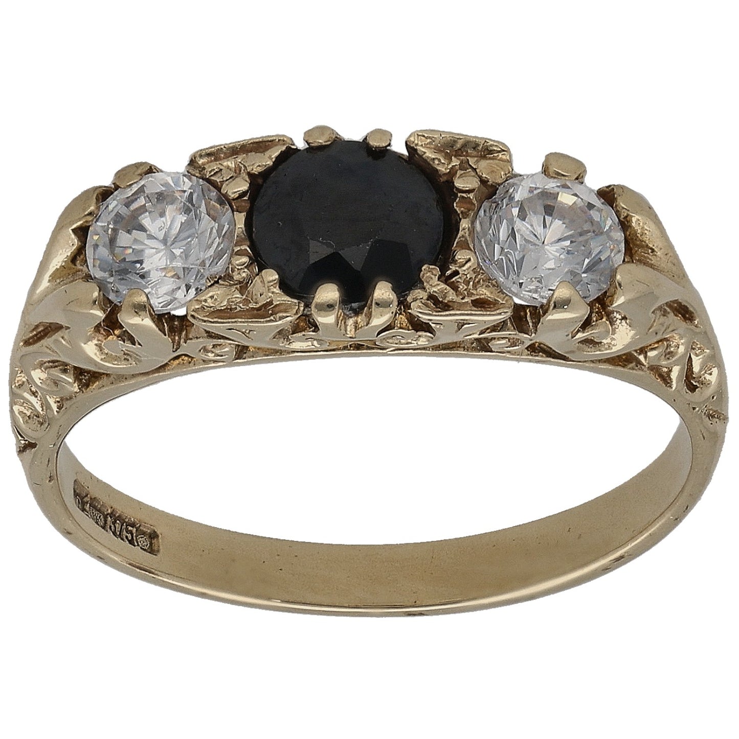 9ct Gold Sapphire & Cubic Zirconia Three Stone Ring Size M
