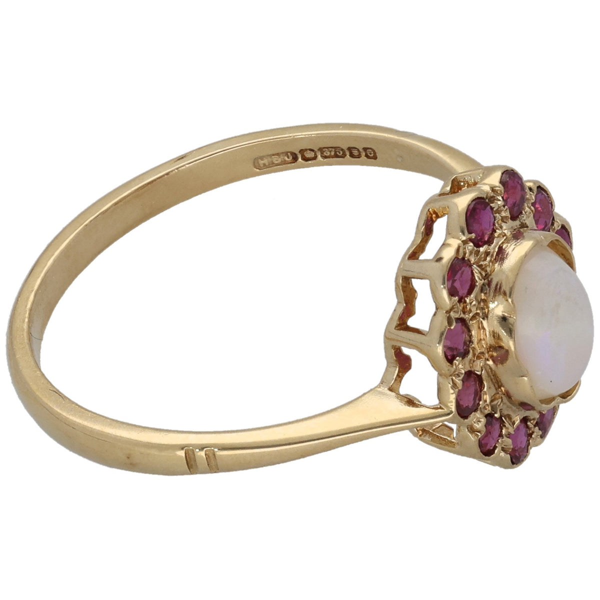 9ct gold ring side view with oval opal and purple ruby cluster, hallmarked