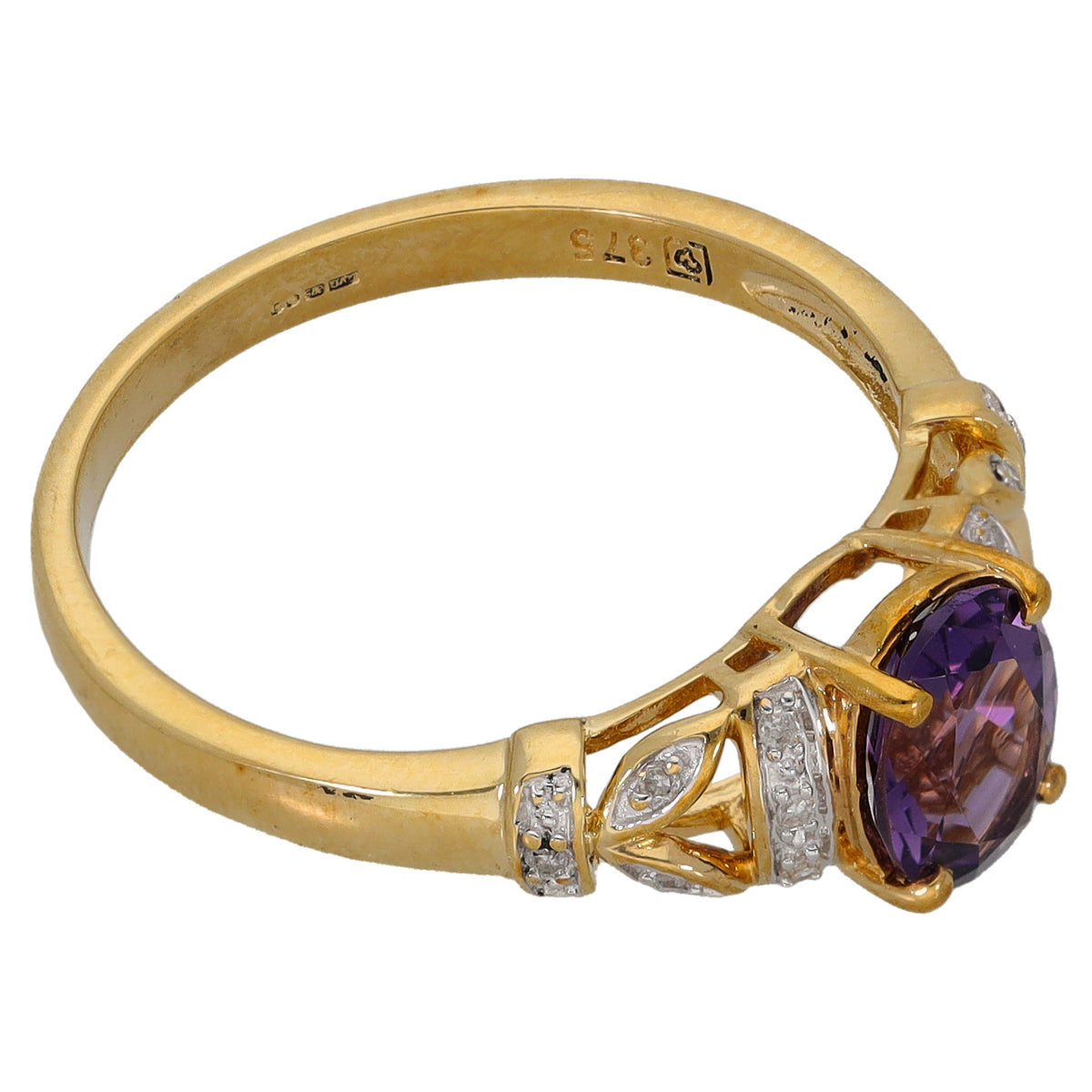 9ct Gold Amethyst & 0.06ct Diamond Single Stone Ring With Accents Size R