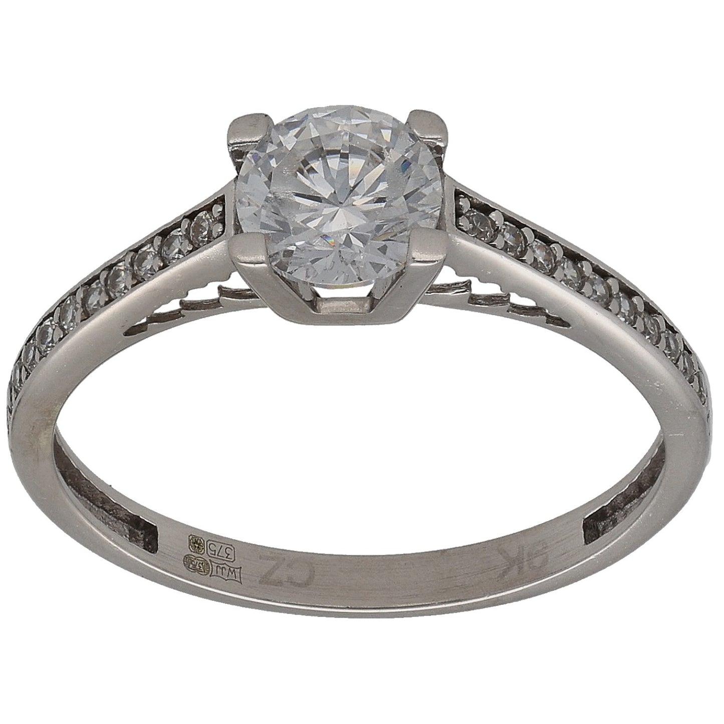 White gold tone CZ single-stone ring with pave accents and round center stone