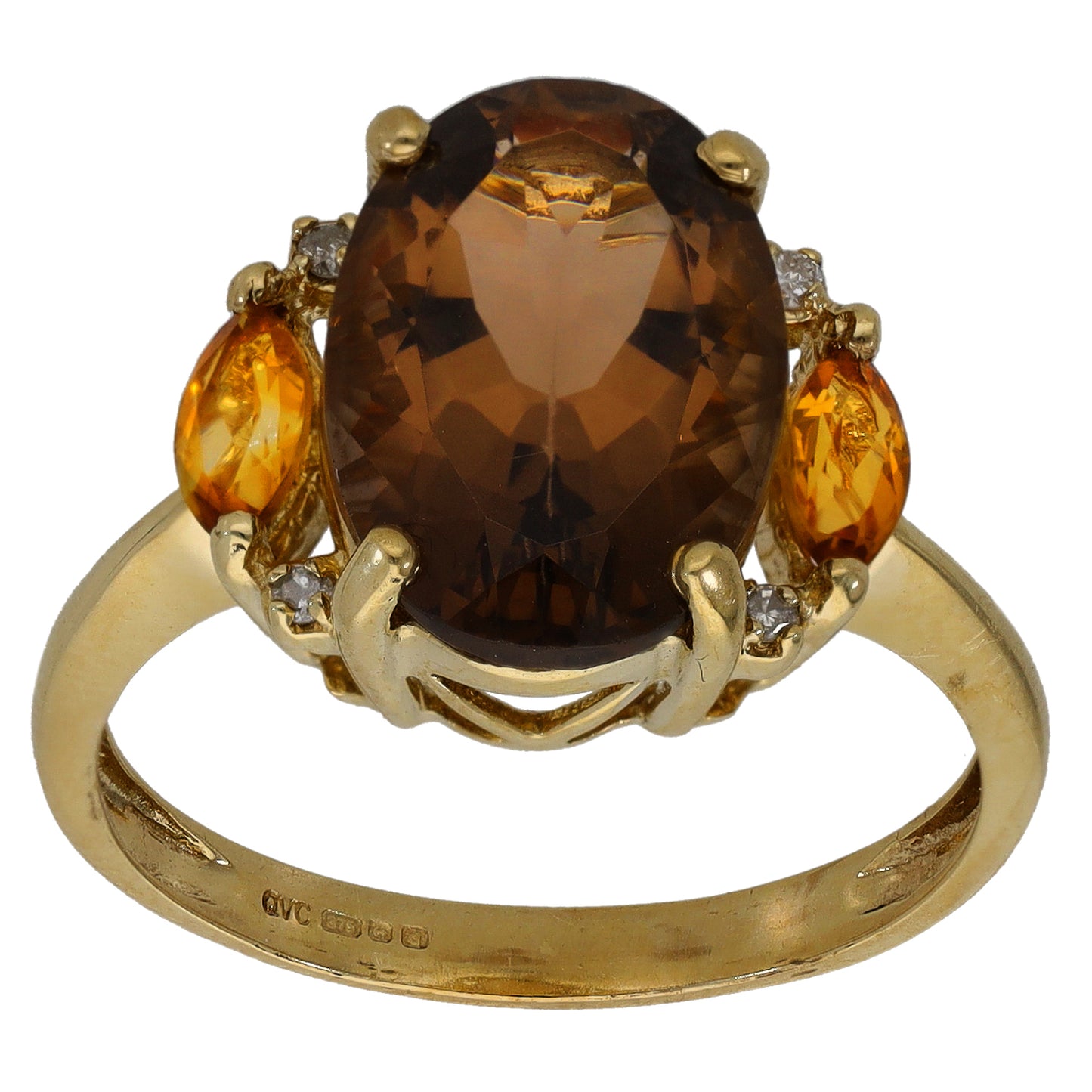 9ct Gold Smoky Quartz, Citrine & 0.02ct Diamond Dress/Cocktail Ring Size S