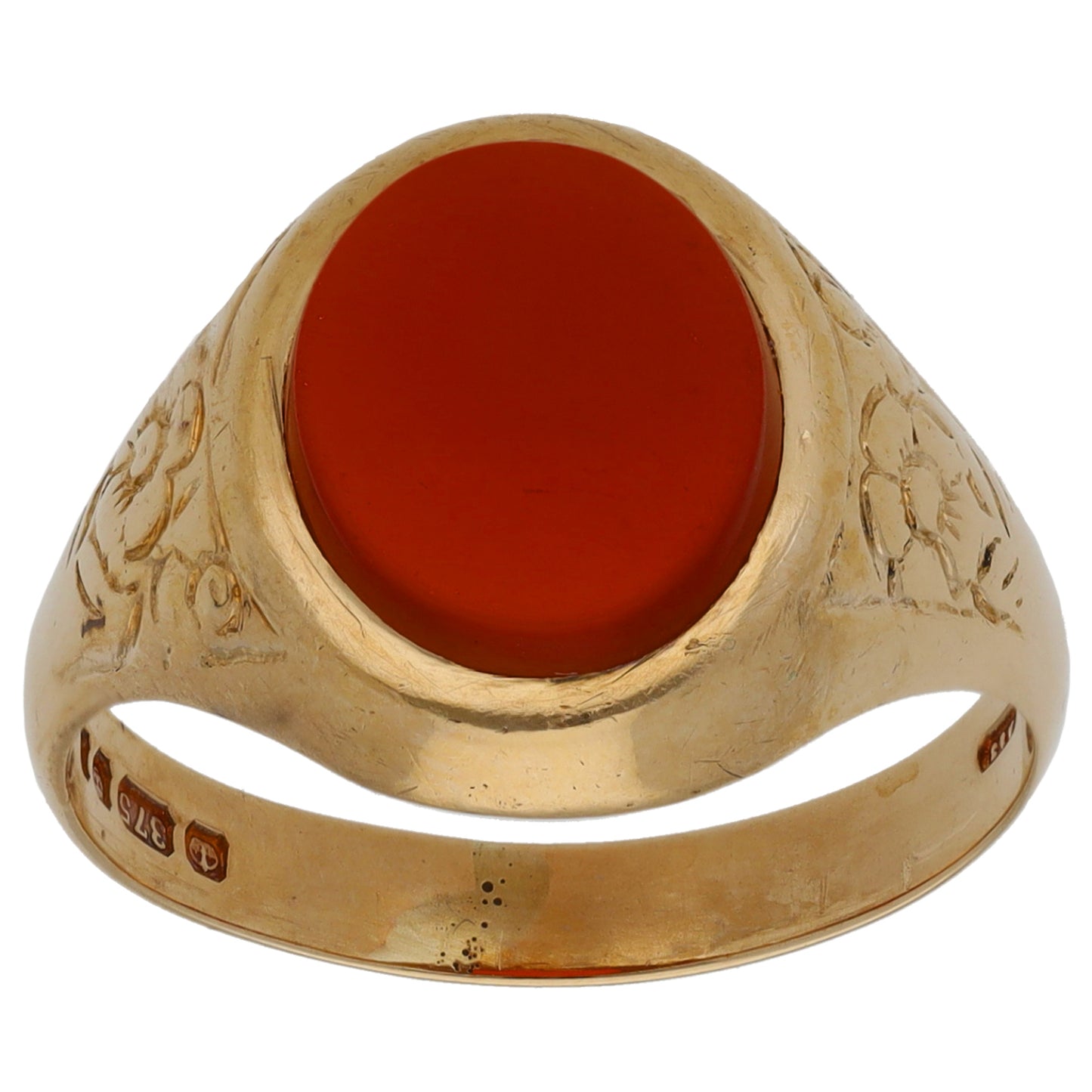 9ct Gold Carnelian Single Stone Patterned Signet Ring Size R