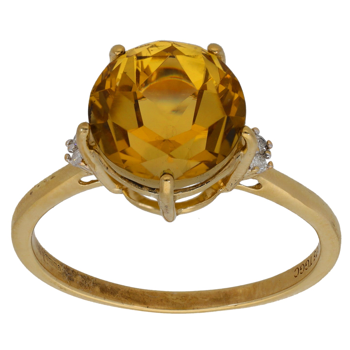 9ct Gold Citrine & 0.02ct Diamond Single Stone Ring With Accents Size S