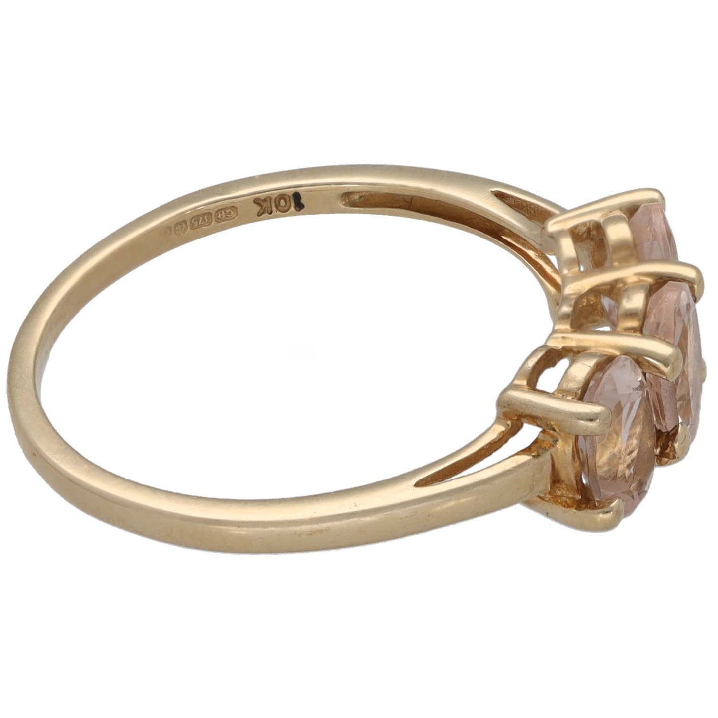 9ct gold three-stone morganite ring, side profile with raised bezel-set pink stones