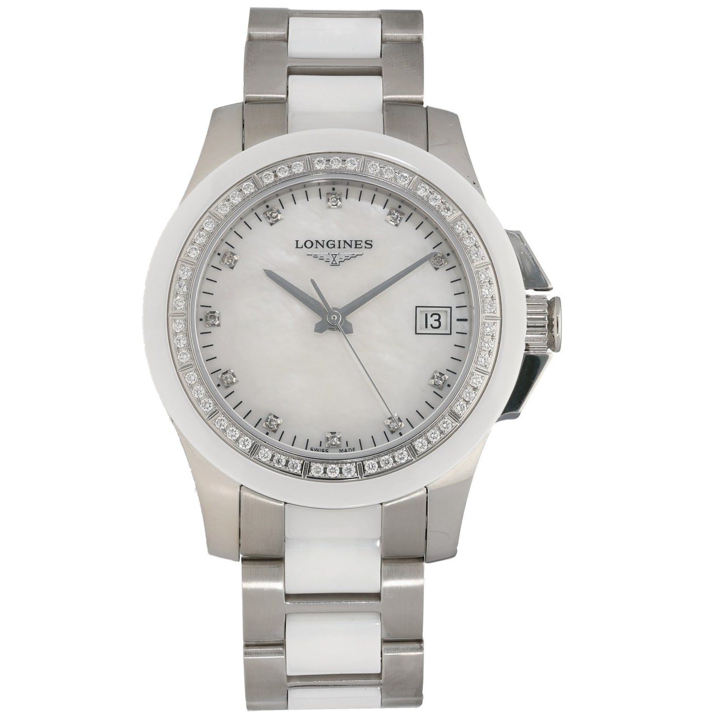 Longines Conquest Classic L3.281.0, Mother of Pearl dial, Stainless Steel & Ceramic, Front Angle