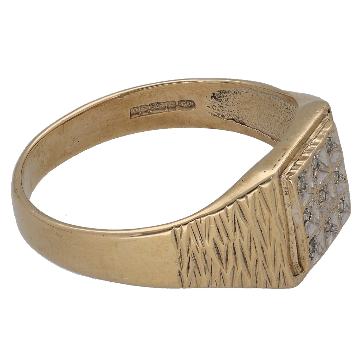 9ct Gold 0.045ct Diamond Patterned Signet Ring Size U