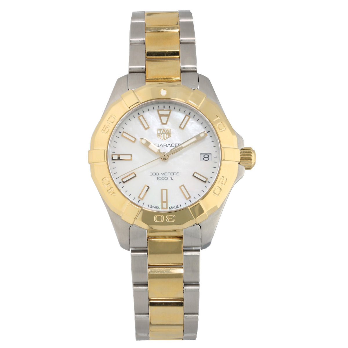 Tag Heuer Aquaracer WBD1320, white Mother of Pearl dial inside 32mm stainless steel and gold case and bracelet