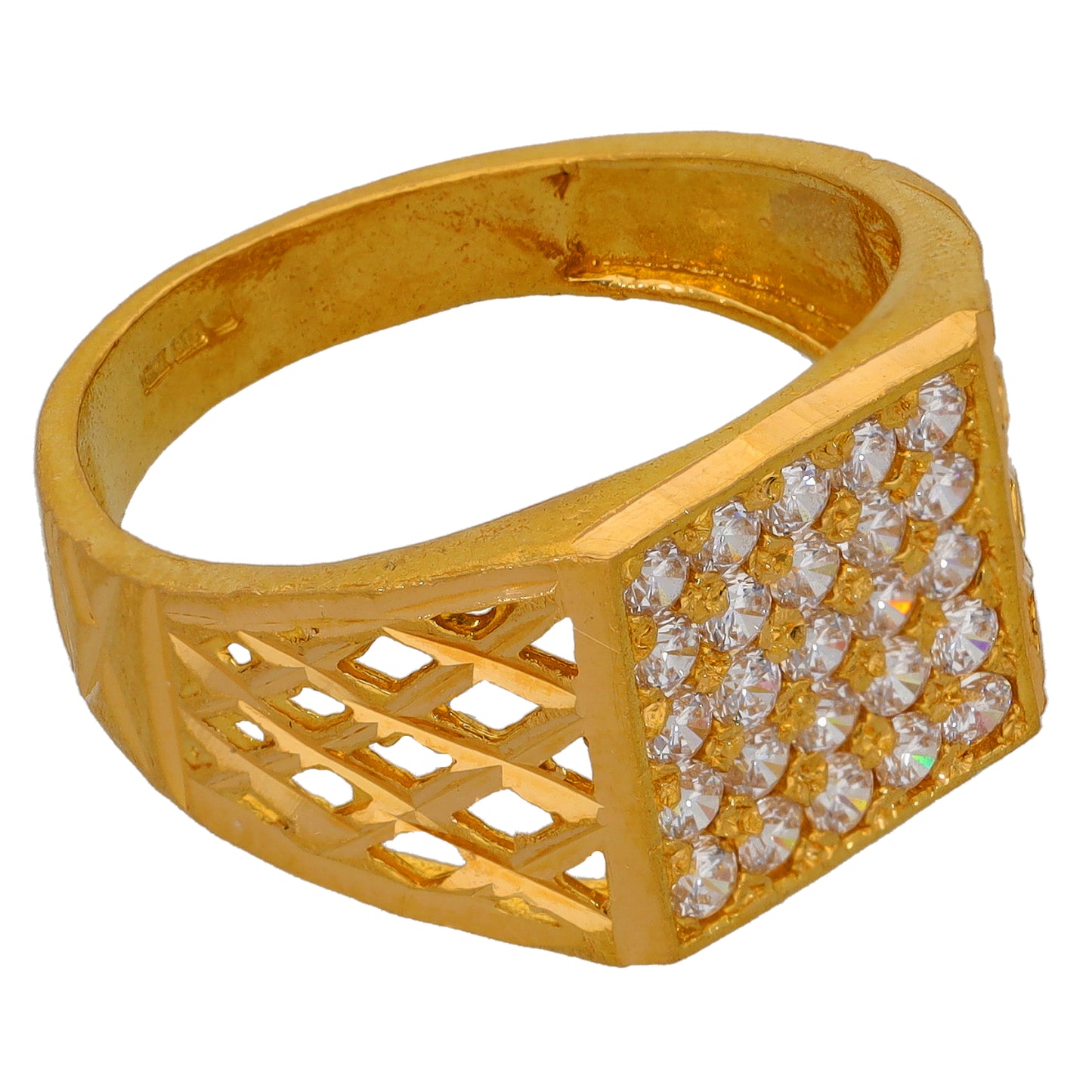 22ct Gold Cubic Zirconia Patterned Signet Ring Size T