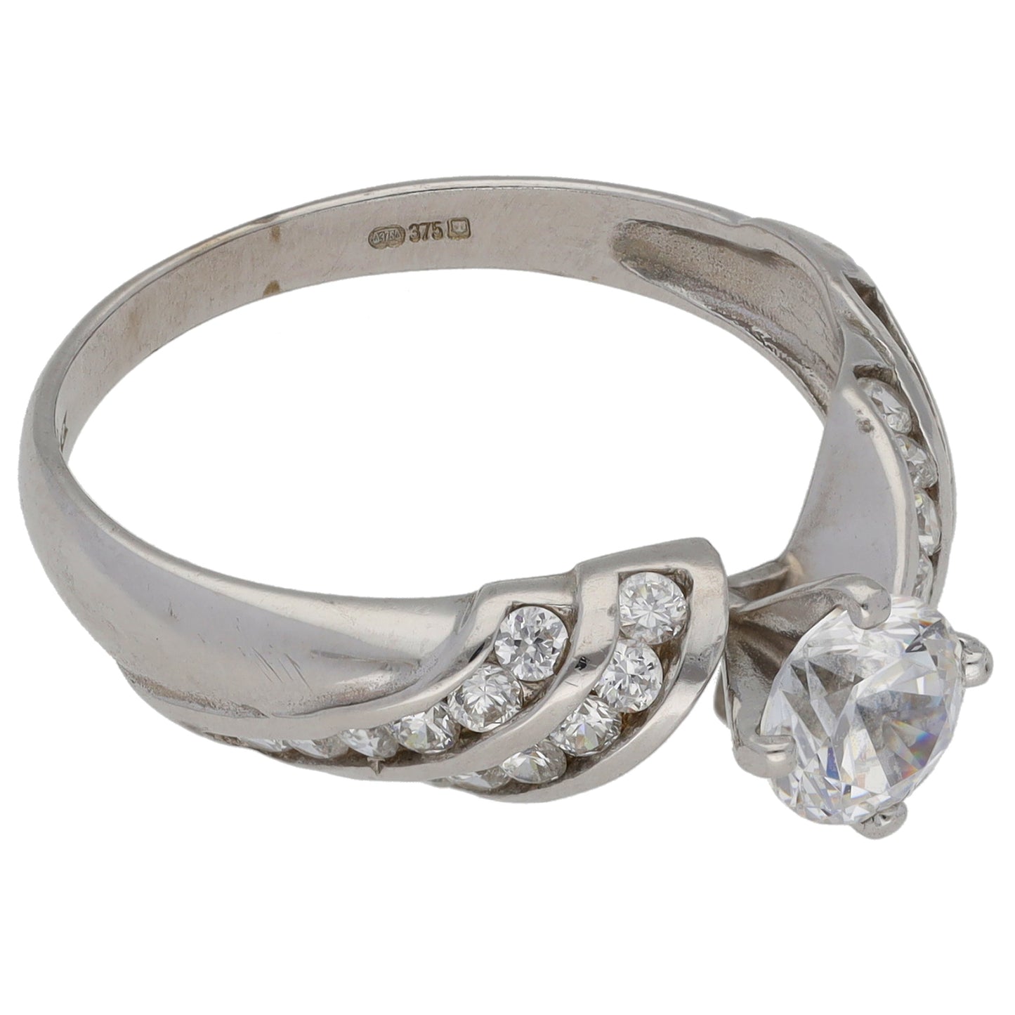 9ct White Gold Cubic Zirconia Single Stone Ring with Accent Stones Size O