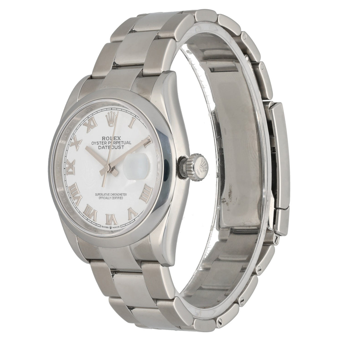 Rolex Datejust 126200, with white dial, silver Roman numeral dials, with stainless steel case and Oyster bracelet, front angle