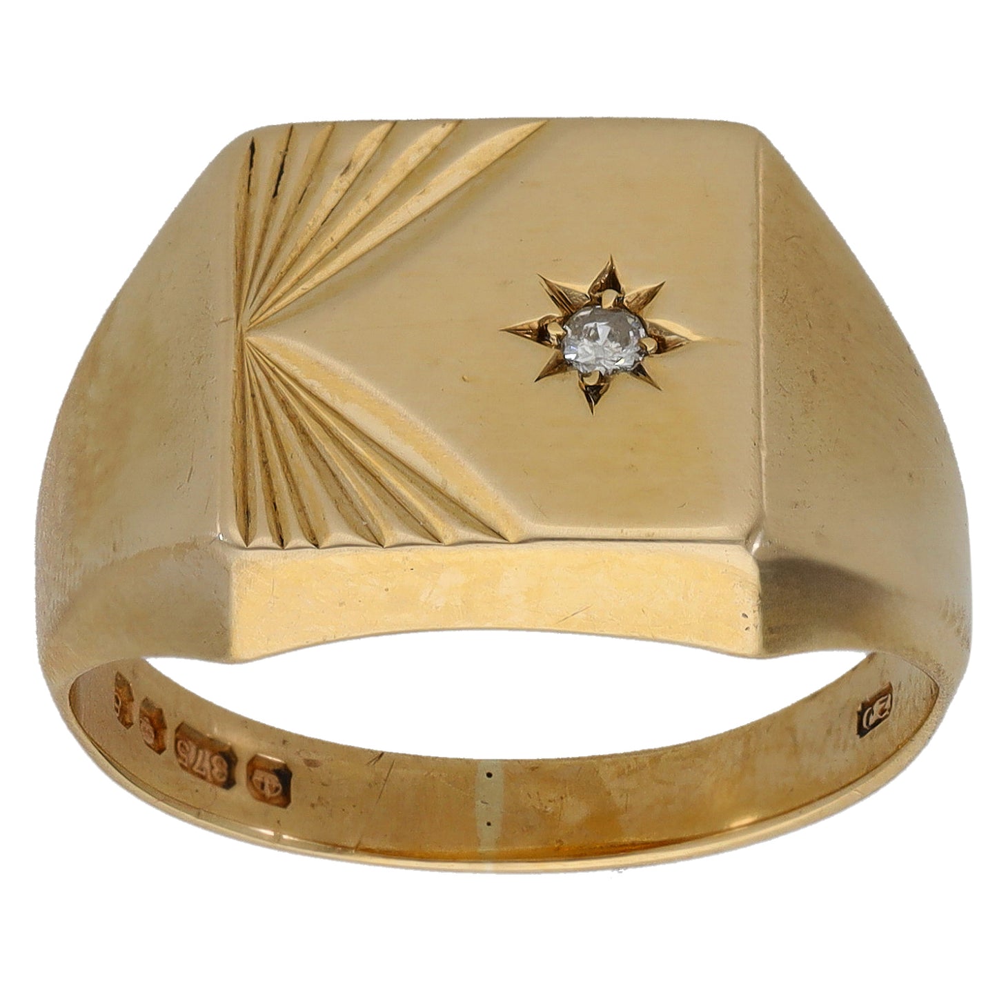9ct Gold 0.02ct Diamond Patterned SIngle Stone Signet Ring Size U
