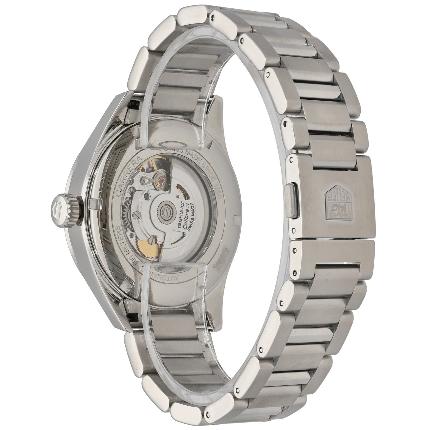Tag Heuer Carrera WAR201E Stainless steel watch with open caseback showing inner movement and bracelet links