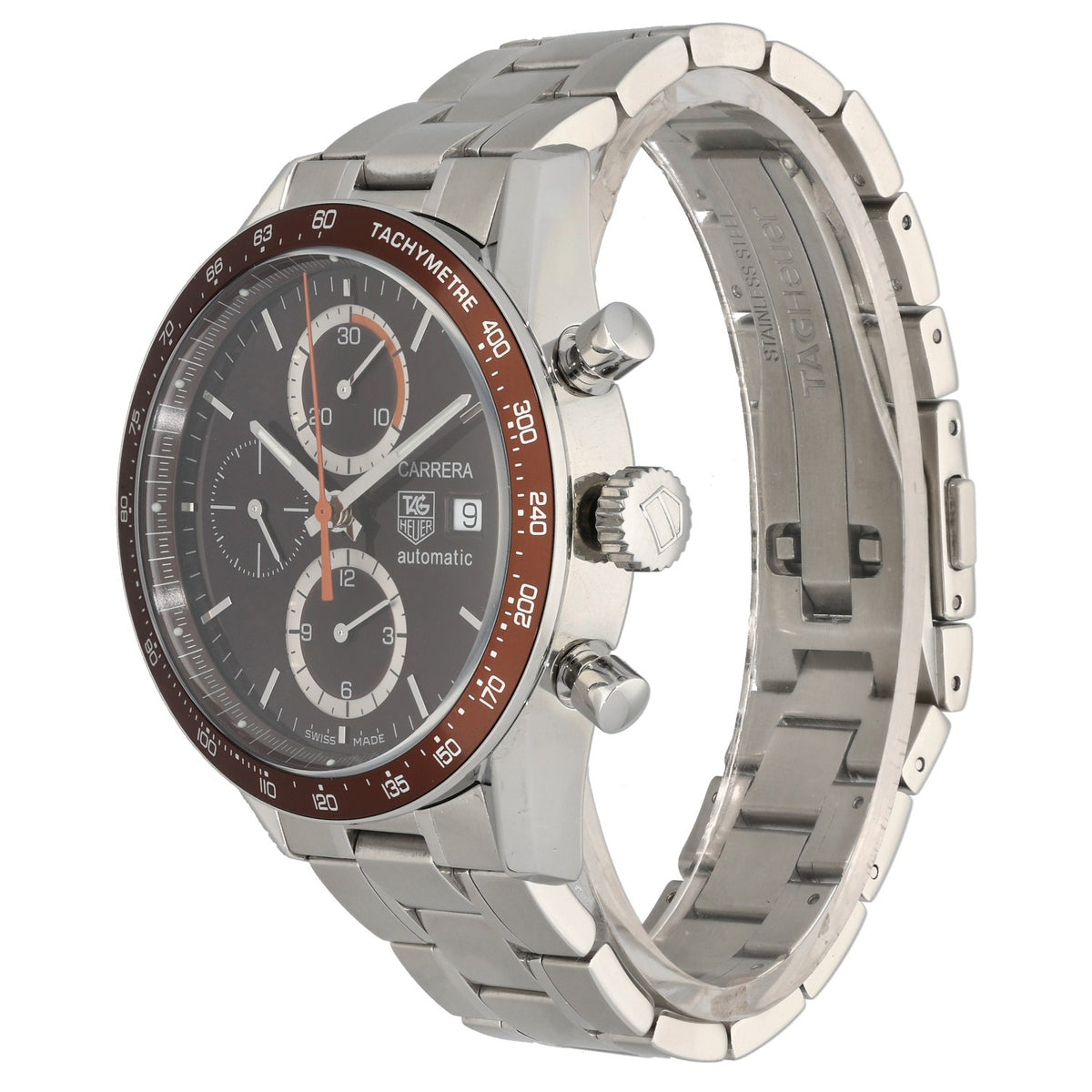 Tag Heuer Carrera CV2013, with a brown dial and bezel showing a tachymeter, front angle