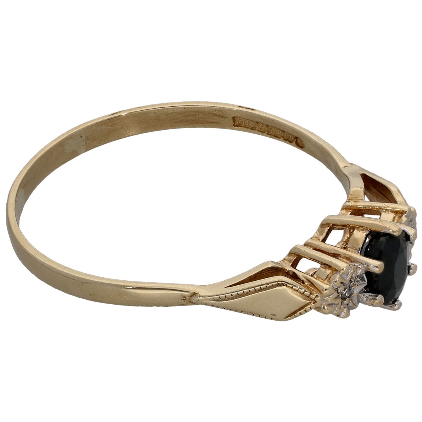 9ct Gold Sapphire & 0.01ct Diamond Three Stone Ring Size U