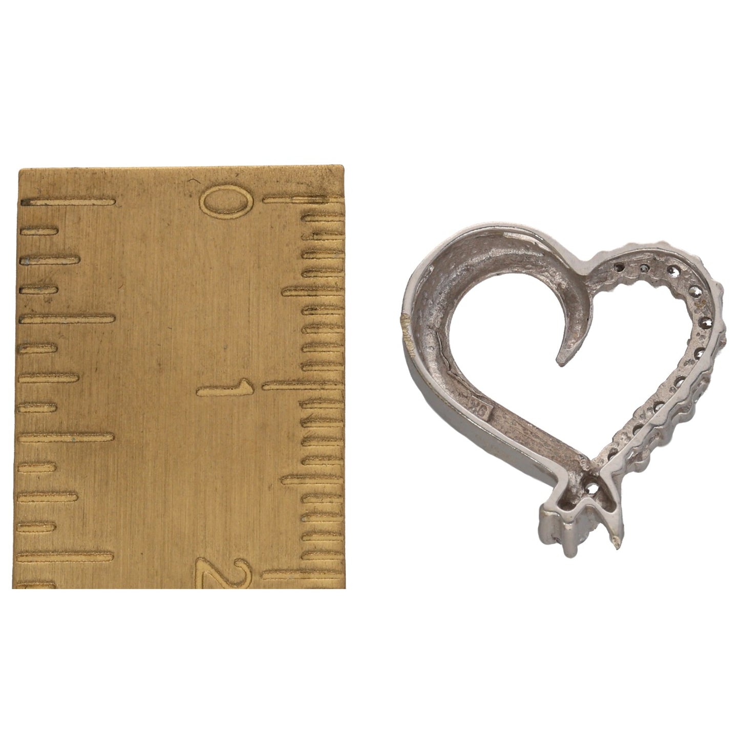 White gold CZ heart pendant, small bail detail, with round stone border