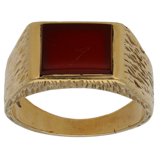 9ct Gold Carnelian Patterned Single Stone Signet Ring Size P