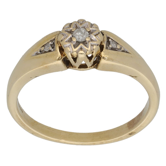 9ct Gold 0.07ct Diamond Solitaire Ring With Accent Stones Size M
