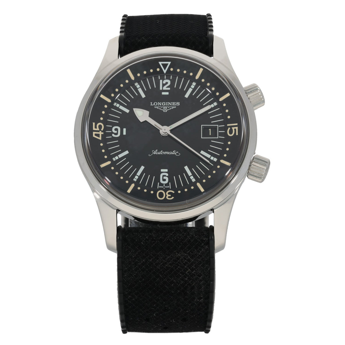 Longines Legend Diver L3.674.4, black dialed Automatic watch with black rubber bracelet