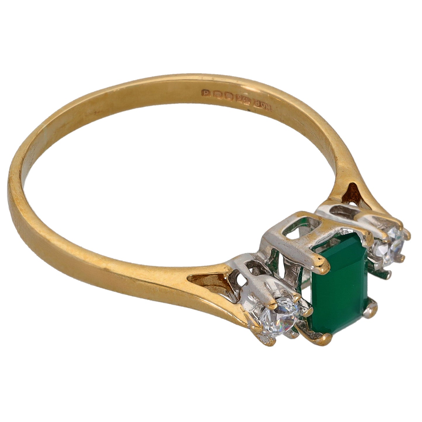 Gold ring featuring square green agate and four clear CZ accents on raised settings