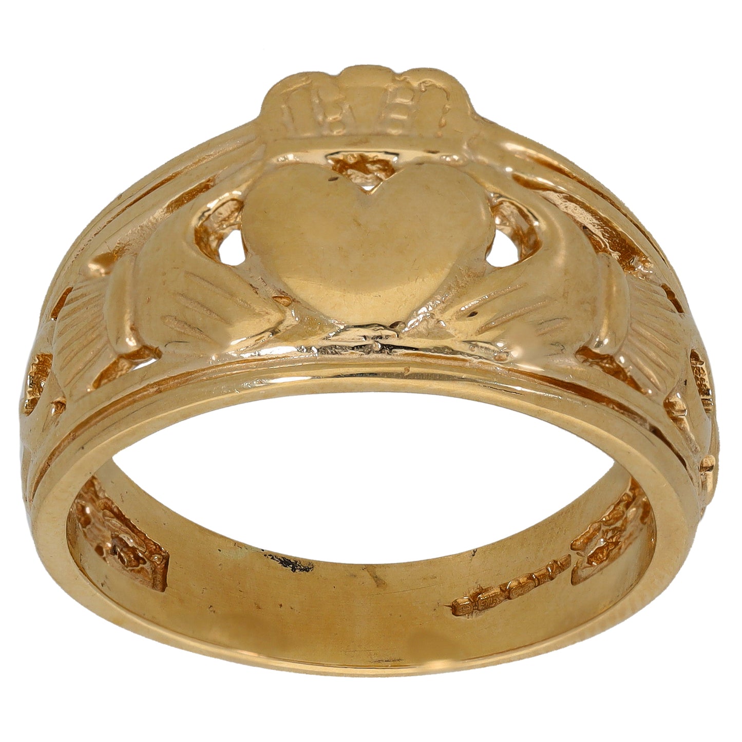 9ct gold ring with heart top and openwork band, Claddagh-style