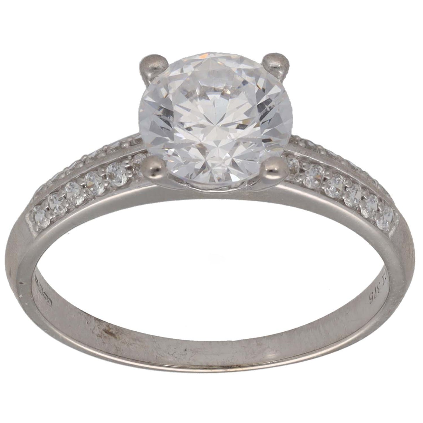 9ct white gold ring with round CZ center stone and accented shoulders