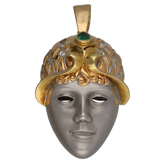 14ct Gold Man Made Emerald & 0.13ct Diamond Mask Pendant