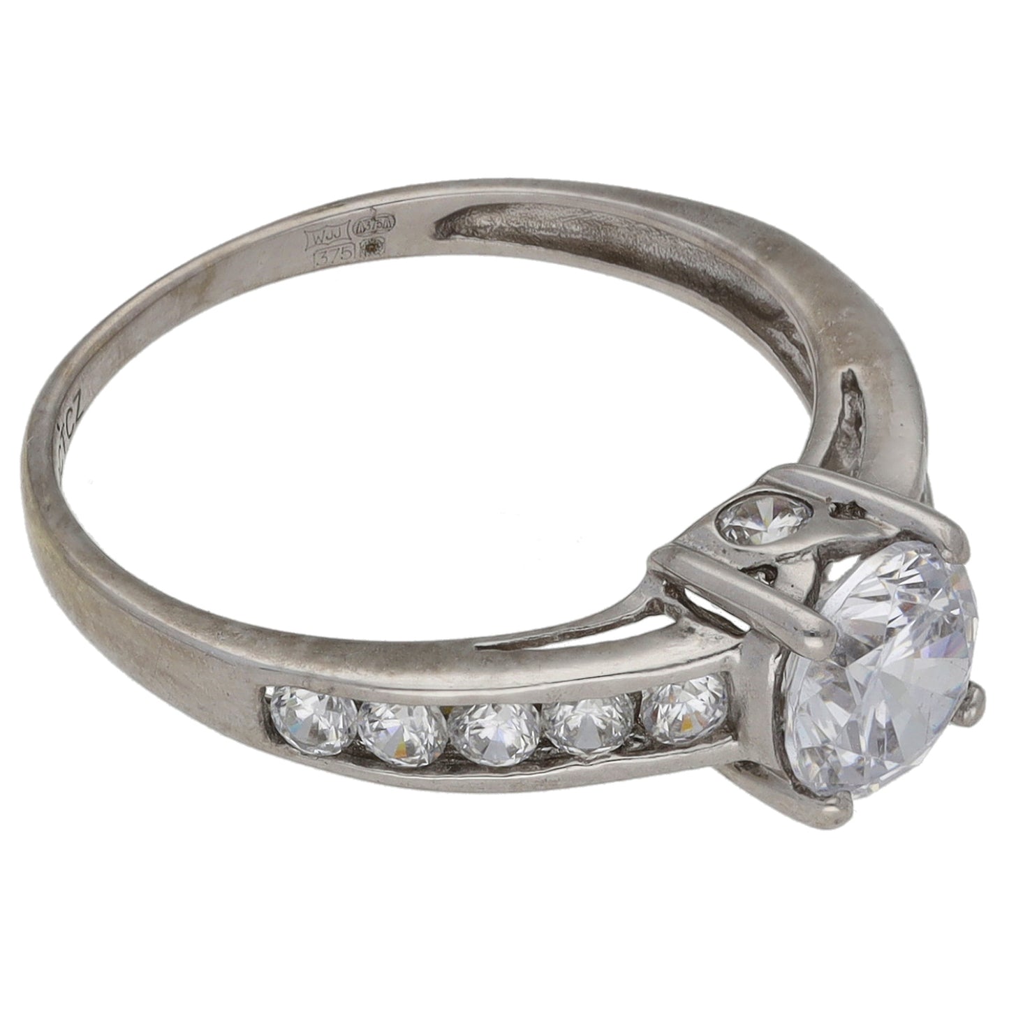 9ct White Gold Cubic Zirconia Single Stone Ring with Accent Stones Size L