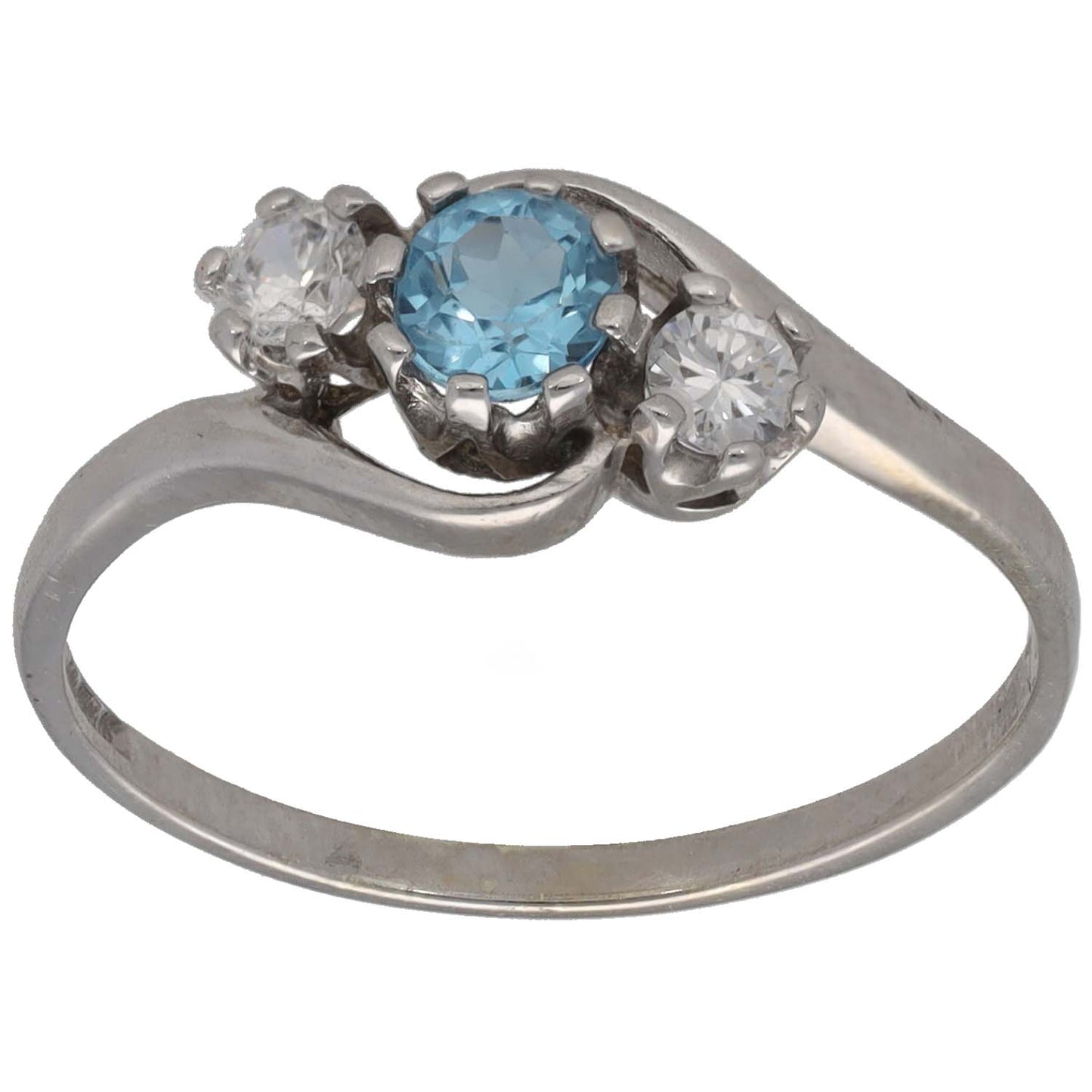 Three-stone white gold ring with blue topaz center and clear CZ side stones