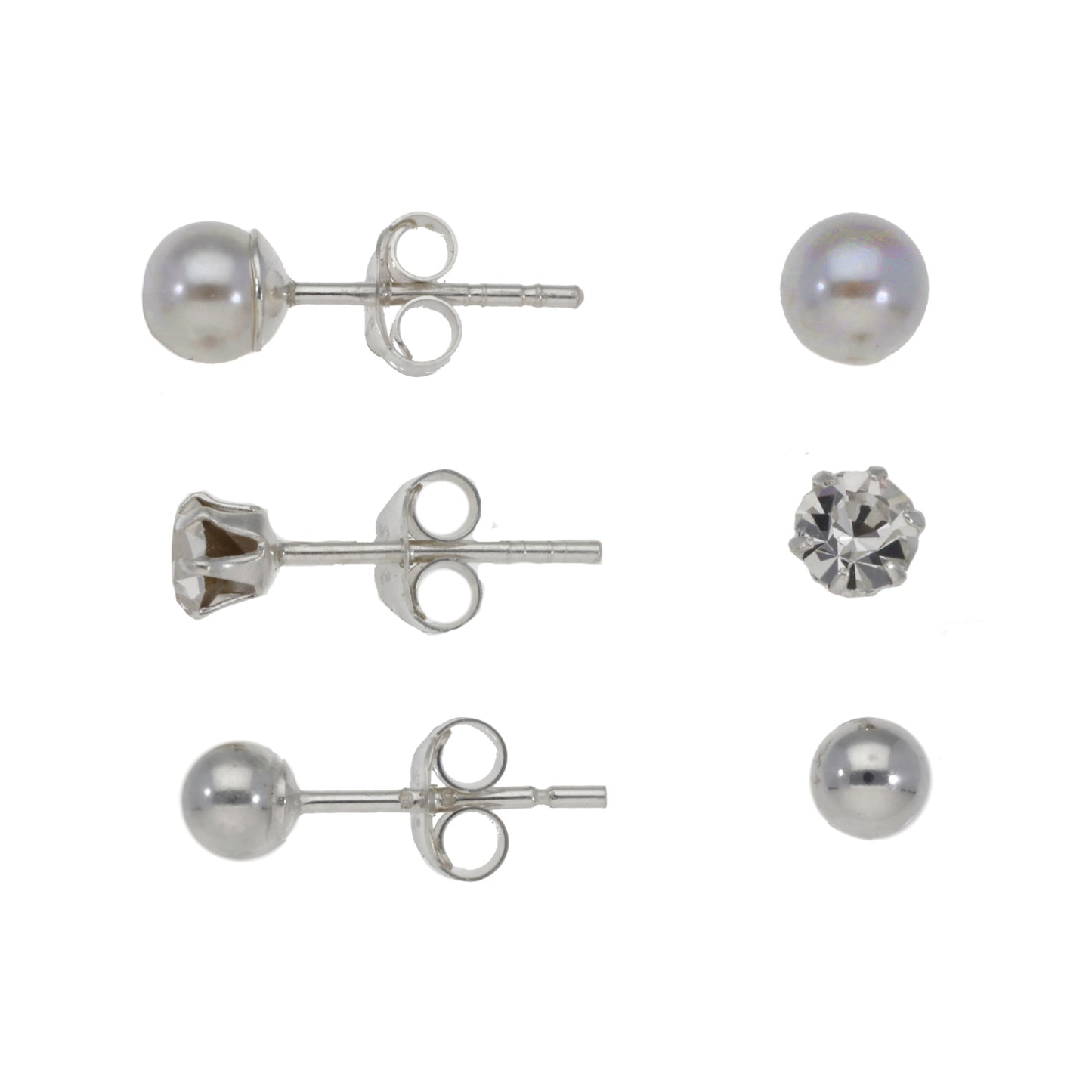 New Sterling Silver Set Of 3 Stud Earrings