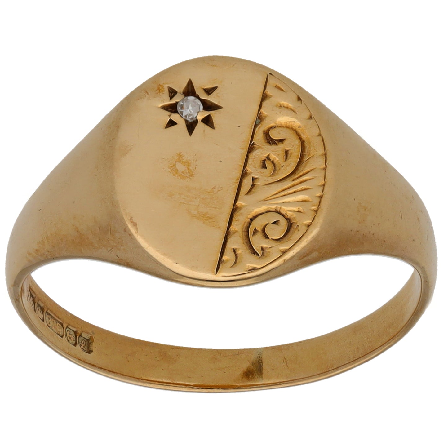 9ct Gold 0.01ct Diamond Single Stone Signet Ring Size T