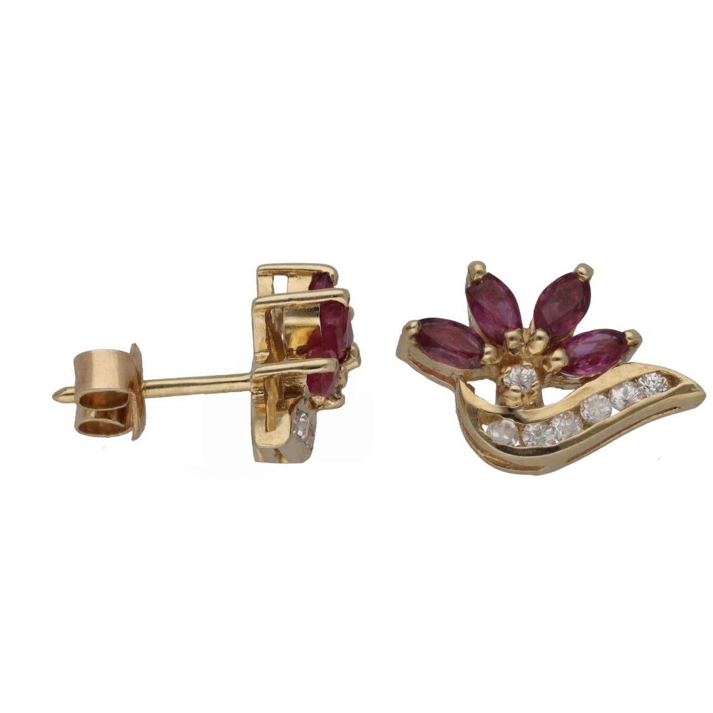Gold tone cocktail earrings with maroon marquise stones and clear cubic zirconia