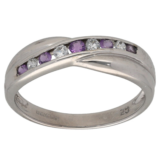 9ct White Gold Amethyst & Cubic Zirconia Half Eternity Ring Size O