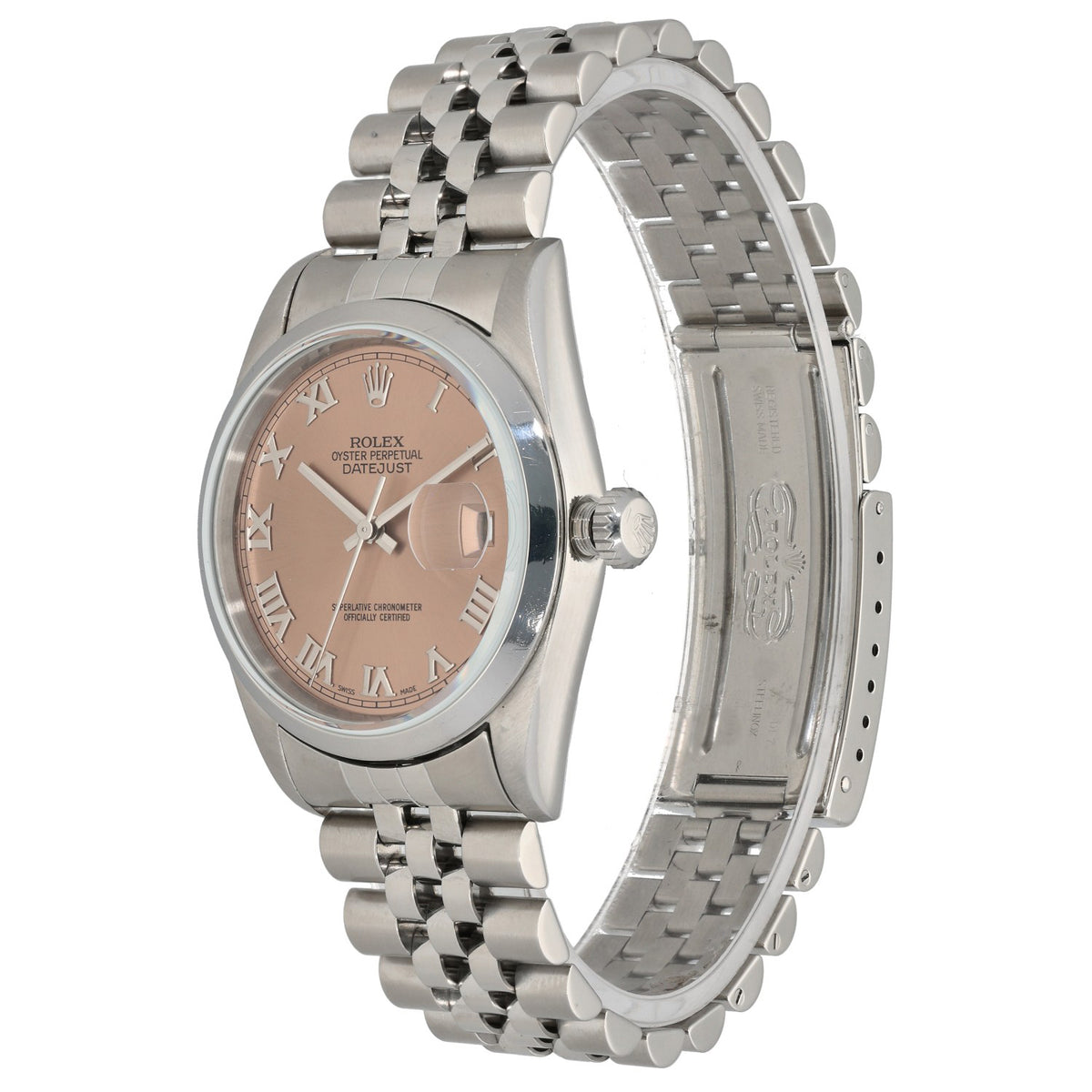 Rolex Datejust 16200, salmon dial with Roman numeral hour markers in stainless steel case, fron angle