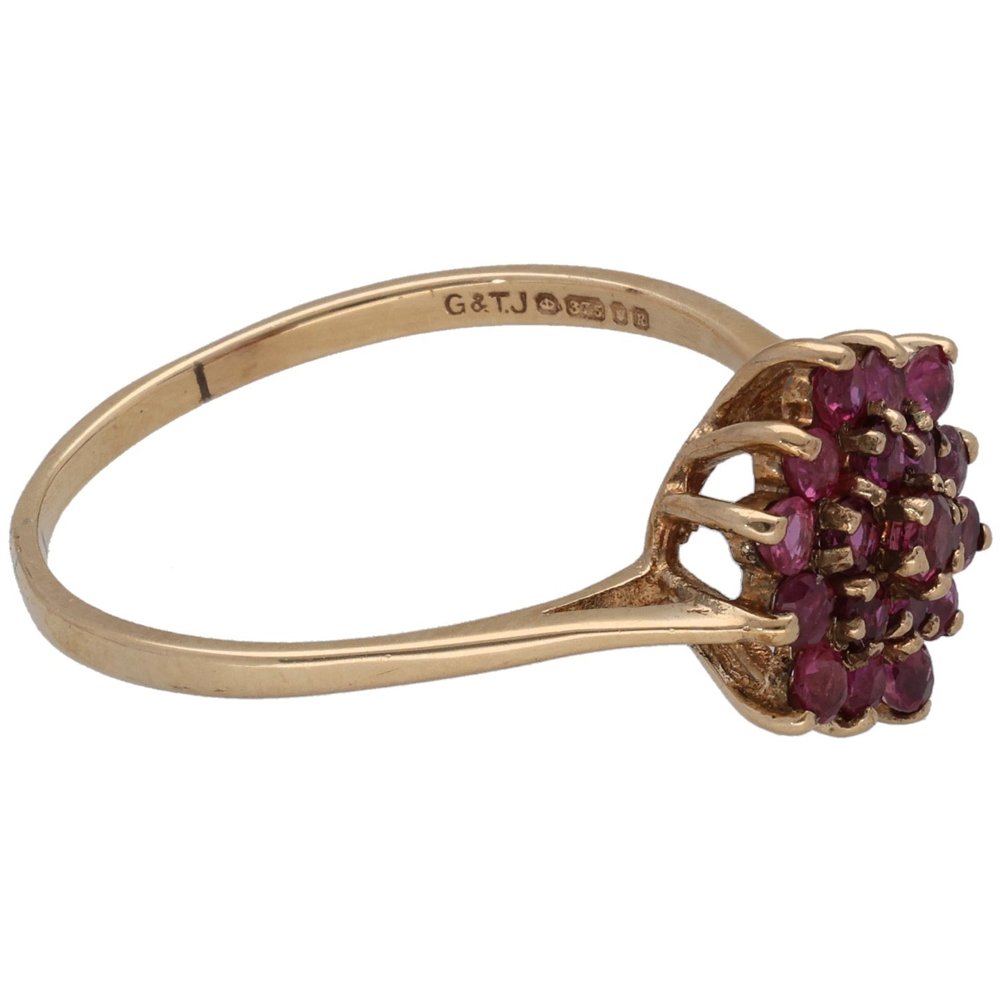 Gold garnet cluster cocktail ring, side view with inner hallmark