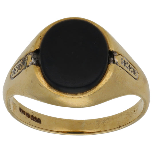 9ct Gold Onyx & 0.03ct Diamond Plain Signet Ring Size S