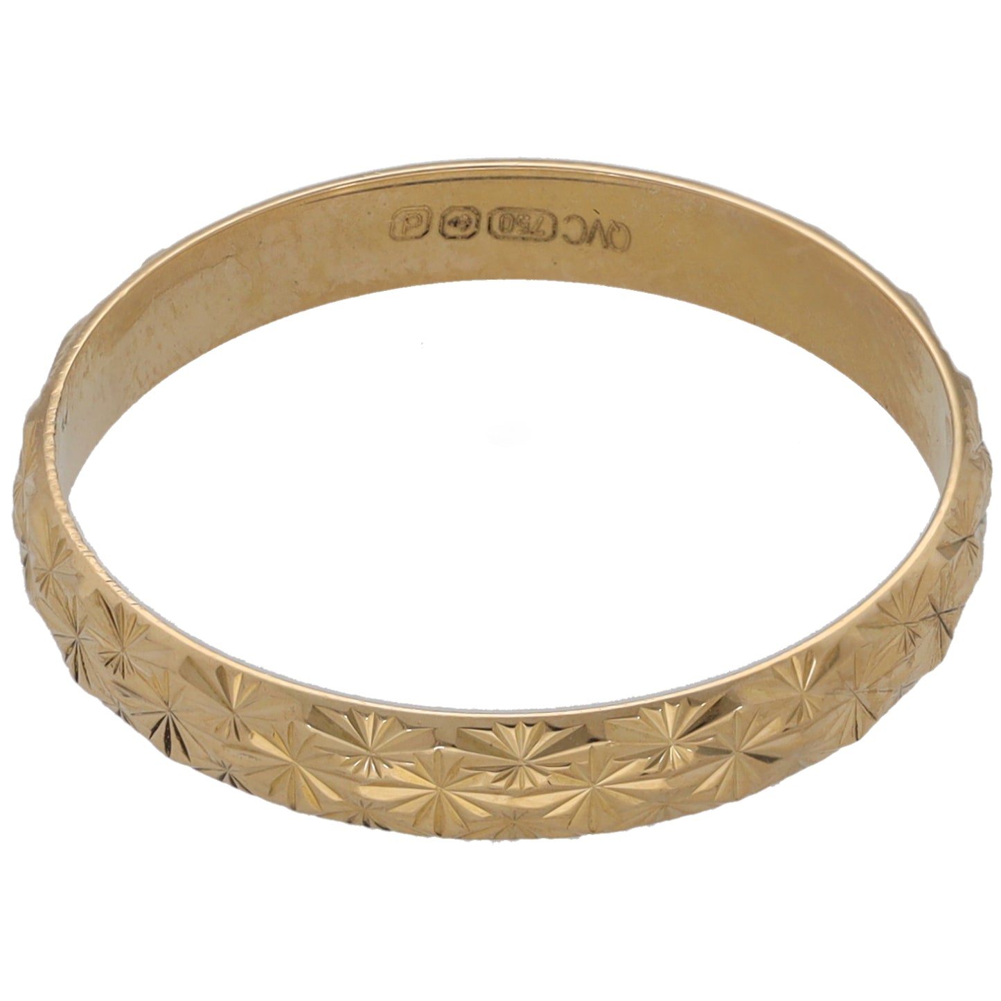 Yellow gold wedding ring with raised geometric pattern and inner hallmark marks