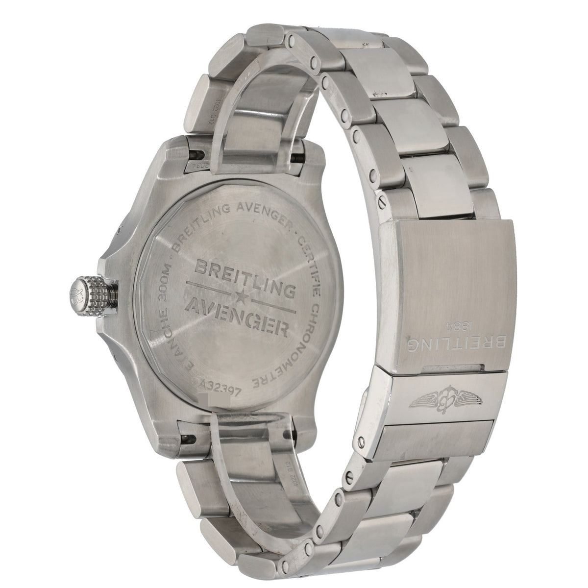 Breitling Avenger A32397 stainless steel watch back and bracelet with engraved case markings