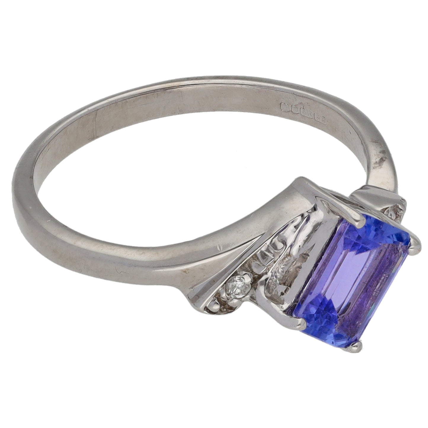 9ct White Gold Tanzanite & 0.02ct Diamond Single Stone Ring with Accent Stones Size N