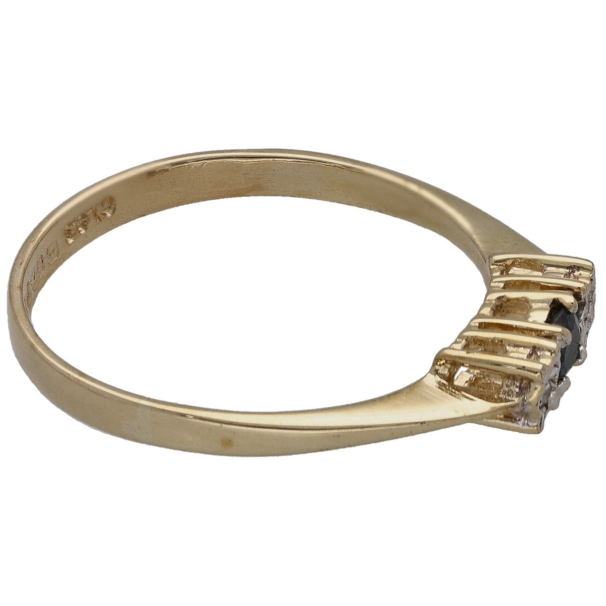 9ct gold three-stone ring side view, dark sapphire setting with round diamond accents