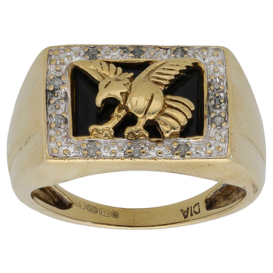 9ct Gold 0.05ct Diamond & Onyx Crest/Emblem Signet Ring Size R