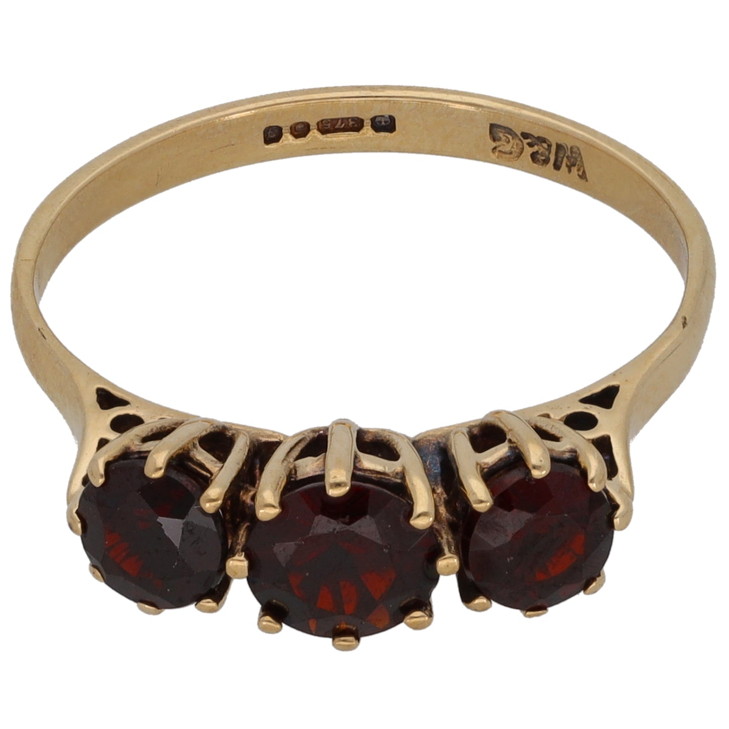 9ct Gold Garnet Trilogy Ring Size M