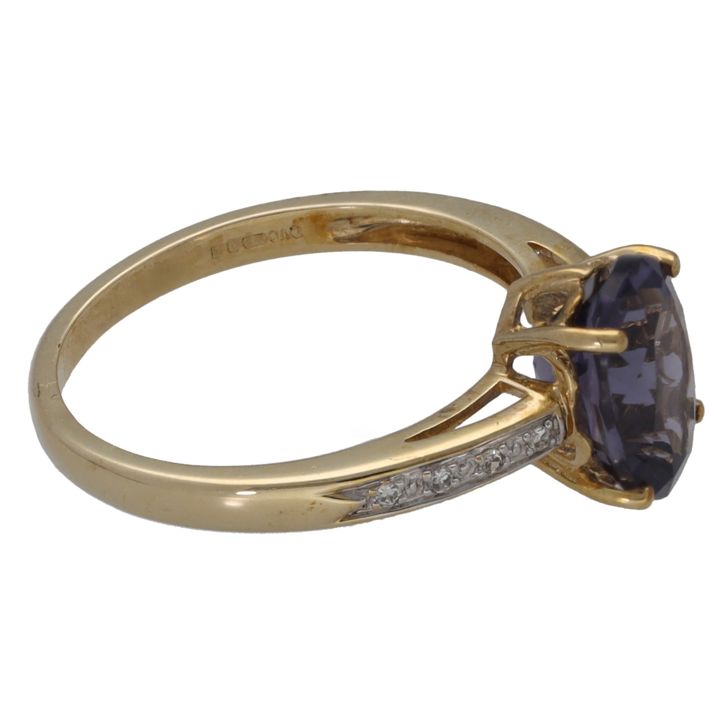 9ct Gold Iolite & 0.04ct Diamond Single Stone Ring With Accents Size M