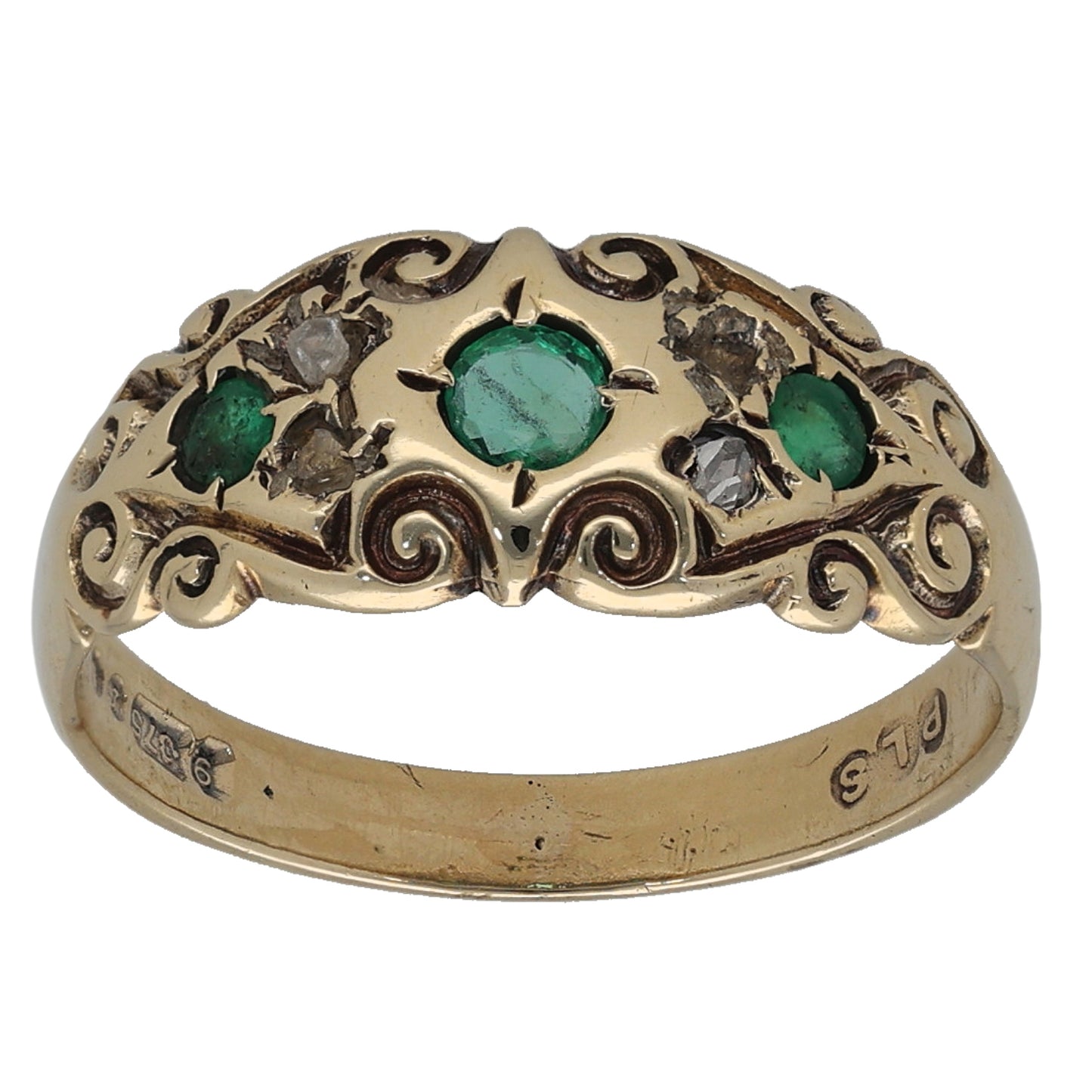 9ct Gold Emerald & 0.04ct Diamond Stone Set Ring Antique & Vintage Size L