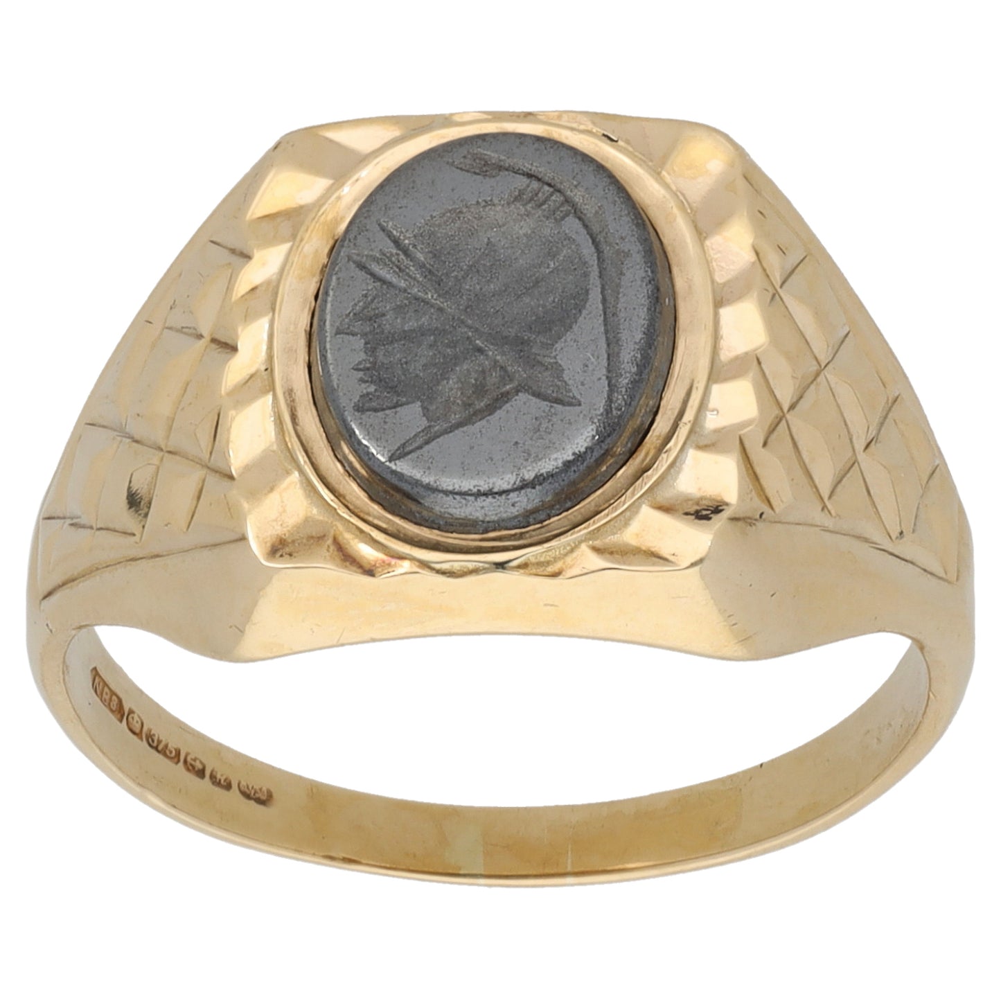 9ct Gold Hematite Crest/Emblem Signet Ring Size Q