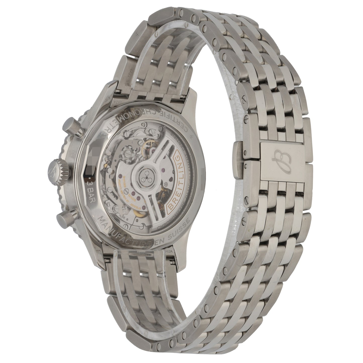 Breitling Navitimer B01 AB0138 Stainless steel chronograph watch case with see-through back and metal bracelet links