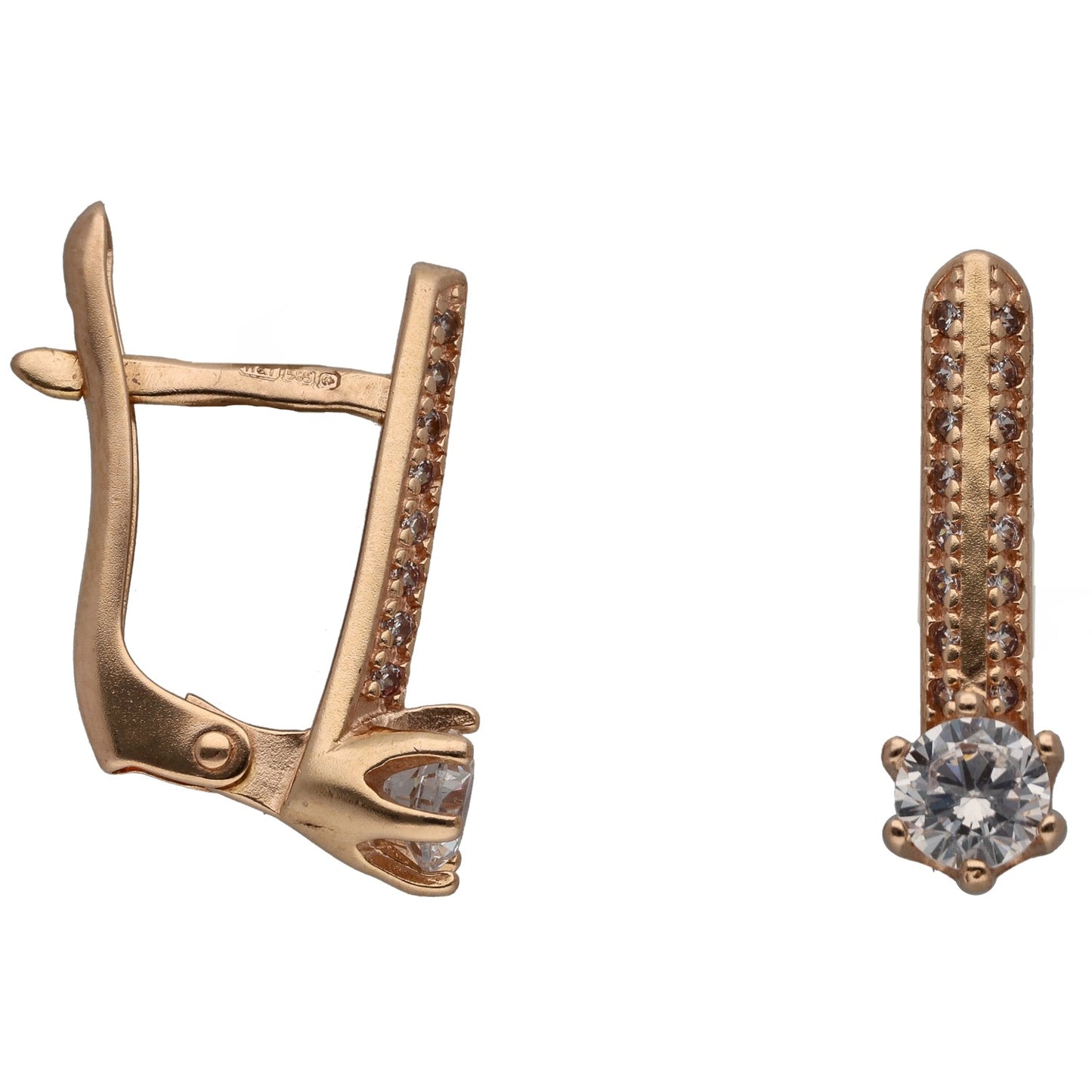 Rose gold-tone CZ hoop earrings with vertical pave bar and round dangling stone