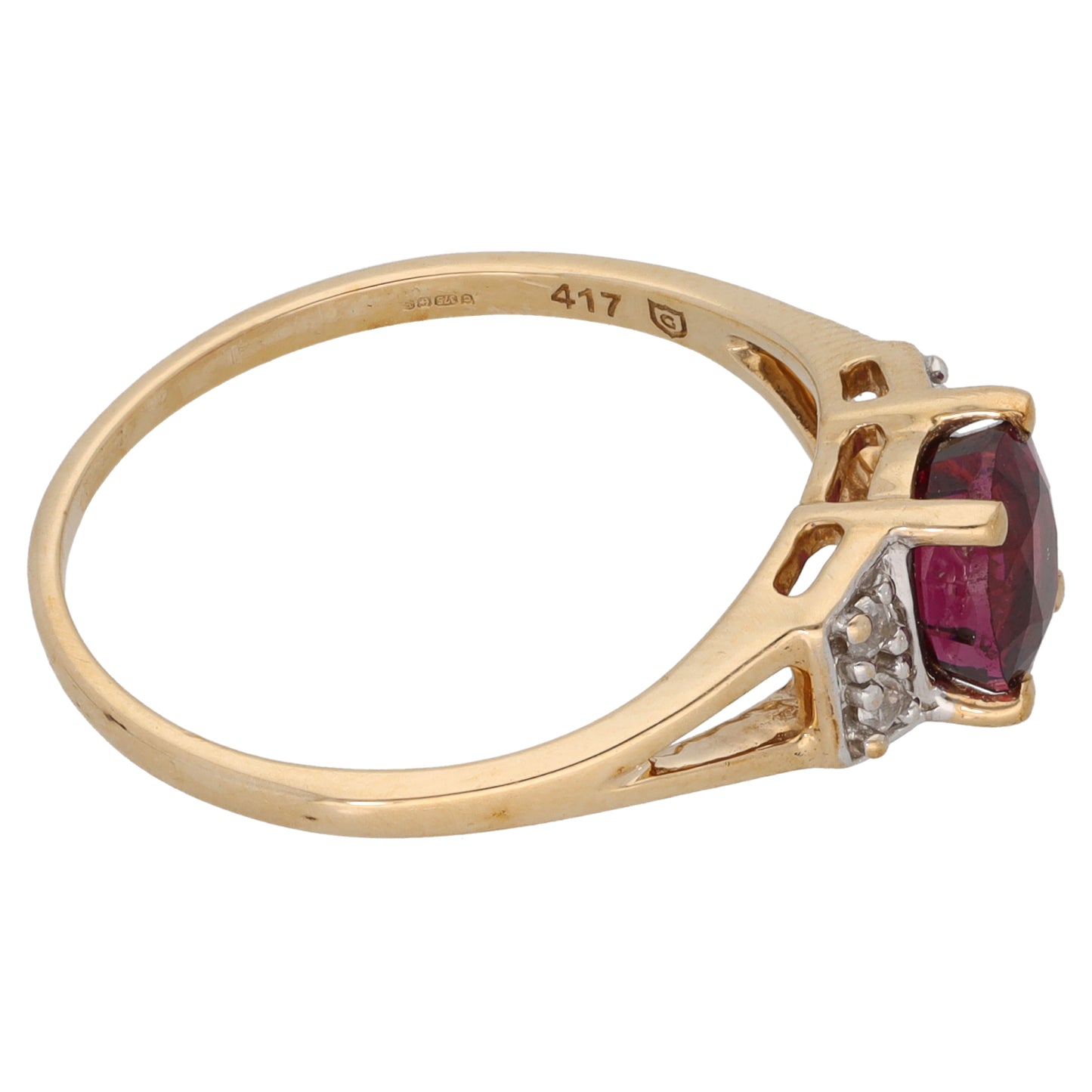9ct Gold Garnet & Imitation Gems Single Stone Ring with Accent Stones Size R