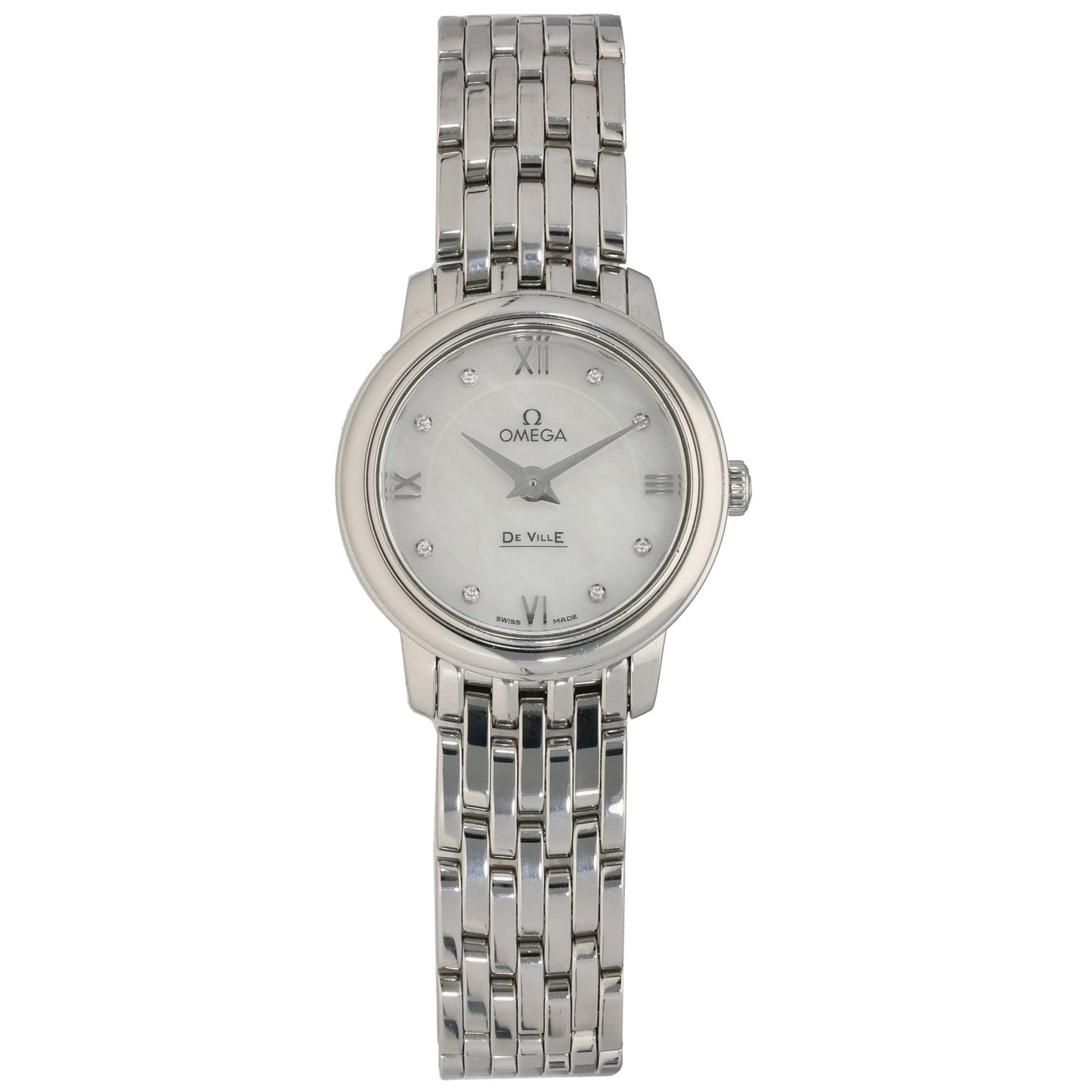 Omega De Ville 424.10.24.60.55.001 stainless steel watch with bracelet, round white dial, Roman numerals