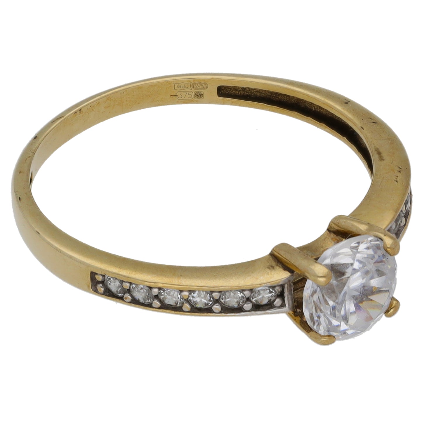 9ct Gold Cubic Zirconia Single Stone Ring with Accent Stones Size P