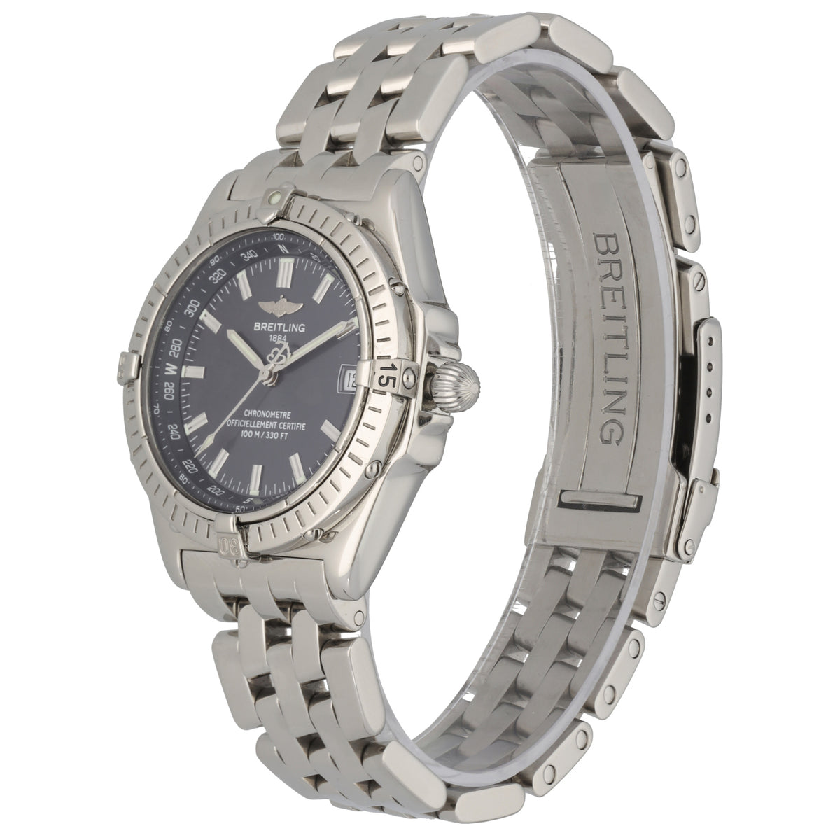 Breitling Wings automatic 38mm stainless steel watch side view with bracelet links